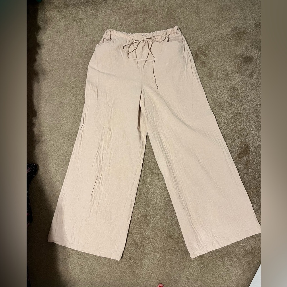Women s Shein tan linen wide legs tie waist Large pants